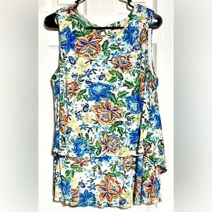 Floral Sleeveless Blouse with Blue and Orange Accents